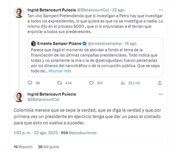 En la red social X (Twitter), ambos personajes -Ingrid Betancourt y Ernesto Samper- siguen protagonizando fuertes peleas.