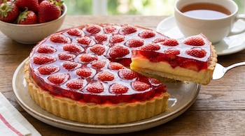 Tarta de frutillas y gelatina en un plato con una porción levantada, junto a una taza y un cuenco con frutillas sobre una mesa de madera.