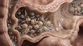 Ilustración del interior del intestino con pliegues rosados, bacterias variadas y partículas orgánicas en suspensión.