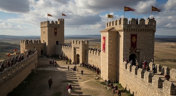 Castillo de piedra con varias torres y murallas, jinetes y soldados en trajes de época a caballo y a pie. Banderas con escudos ondean en las almenas. Paisaje exterior árido y cielo con nubes.