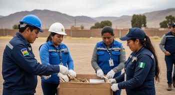 Cuatro personas en uniformes azules y guantes blancos manipulan tierra en una caja de cartón. Al fondo, un paisaje árido con montañas y construcciones.