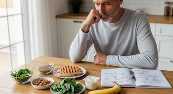 Hombre delgado de 60 años con barba, sentado en una mesa de madera con pollo a la parrilla, espinacas, almendras, quinoa, yogur y plátano, junto a un cuaderno.
