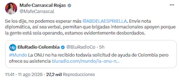 Mafe Carrascal exige ingreso de brigadas internacionales ante desborde de la emergencia - crédito @MafeCarrascal/X