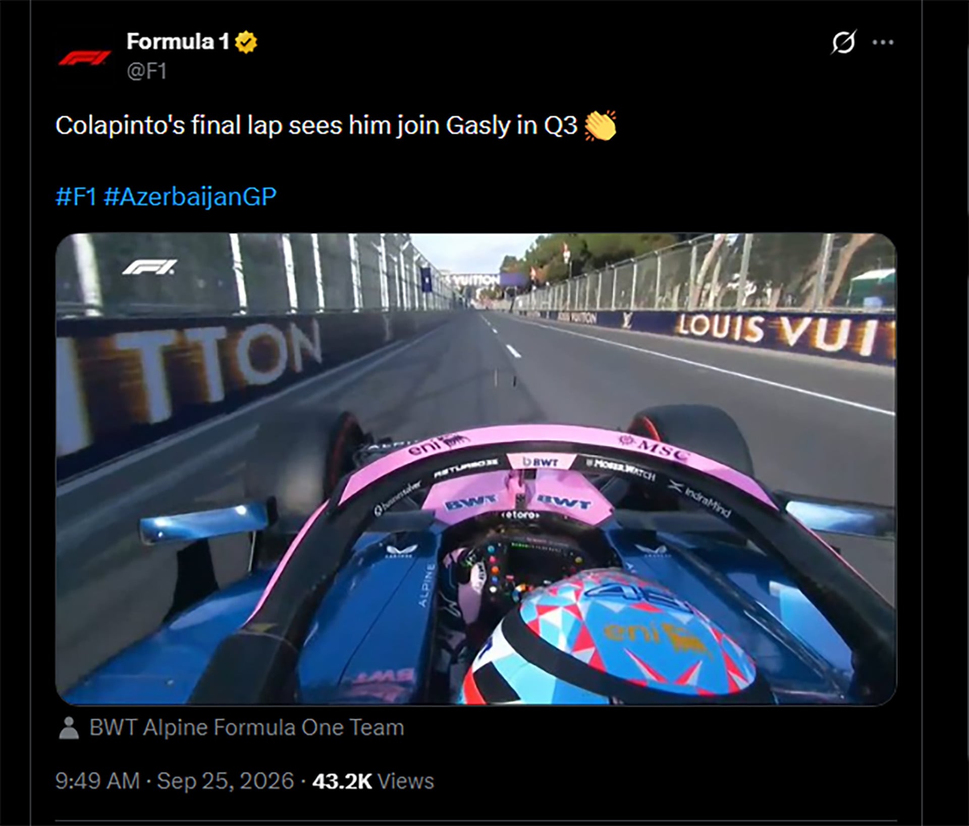 La F1 destacó la vuelta de Franco Colapinto para clasificar a la Q3