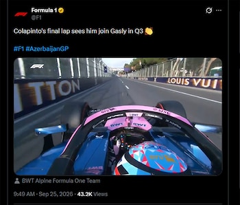 Captura de una publicación en X de la Fórmula 1 con una imagen desde la cámara a bordo de un automóvil de carreras en un circuito urbano