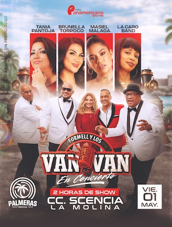 Póster de concierto con siete artistas musicales posando; el logotipo de Los Van Van y Formell está al centro con información de fecha y lugar