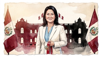 Mujer con saco blanco y blusa celeste, sujeta banda presidencial peruana. De fondo, Palacio de Gobierno y banderas de Perú en ilustración de acuarela.