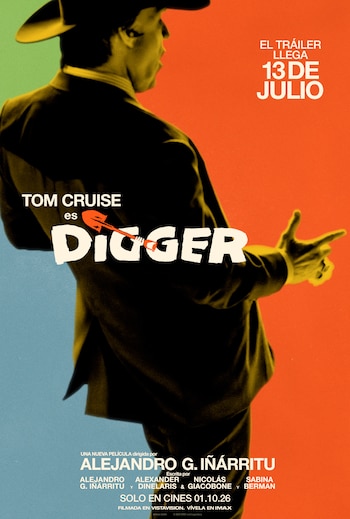 Póster cinematográfico con la silueta de un hombre de espaldas, vestido con sombrero y traje, sobre un fondo dividido en paneles de colores vibrantes