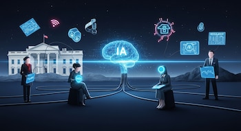Ilustración digital de un cerebro luminoso con la palabra IA en el centro, conectado por cables a figuras abstractas, la Casa Blanca y símbolos tecnológicos flotantes en un fondo oscuro.