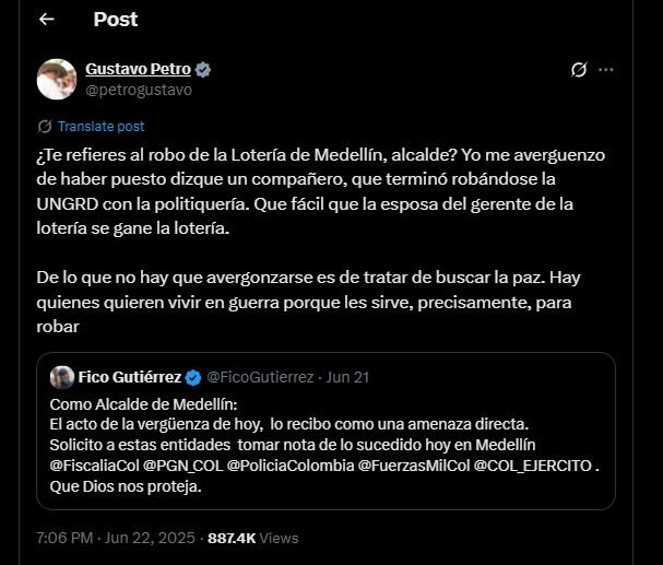Gustavo Petro criticó a Federico Gutiérrez por lo sucedido con la Lotería de Medellín - crédito @petrogustavo