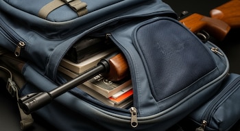 Primer plano de un arma de aire comprimido con cañón negro y culata de madera, sobresaliendo de una mochila escolar azul que contiene varios libros.