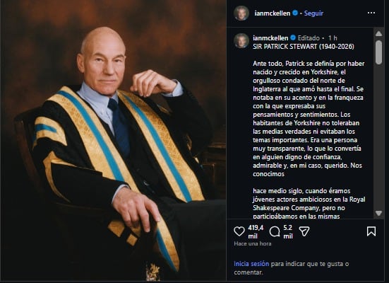 Ian McKellen dedicó un emotivo mensaje a Patrick Stewart por su muerte.