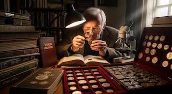 Un hombre mayor con gafas examina una moneda con lupa bajo la luz de una lámpara, rodeado de libros, estuches de monedas y un microscopio.