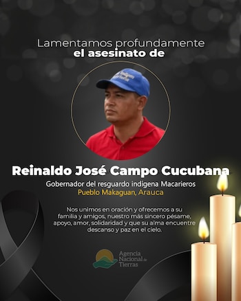 La Agencia Nacional de Tierras expresó su rechazo frente a lo ocurrido y envió un mensaje de condolencias a los familiares y a la comunidad del líder indígena - crédito Agencia Nacional de Tierras