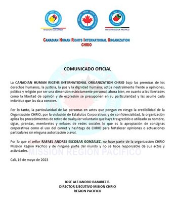 Comunicado publicado por CHRIO en