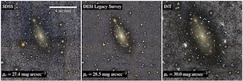 Comparación de imágenes compuestas en color de IC 1101 obtenidas a partir de diferentes estudios de imagen. De izquierda a derecha: SDSS DR16, los estudios de imagen DESI Legacy DR9 basados en imágenes DECaLS y los datos INT/WFC presentados en este trabajo (Carlos Marrero-de la Rosa et al. (2026))