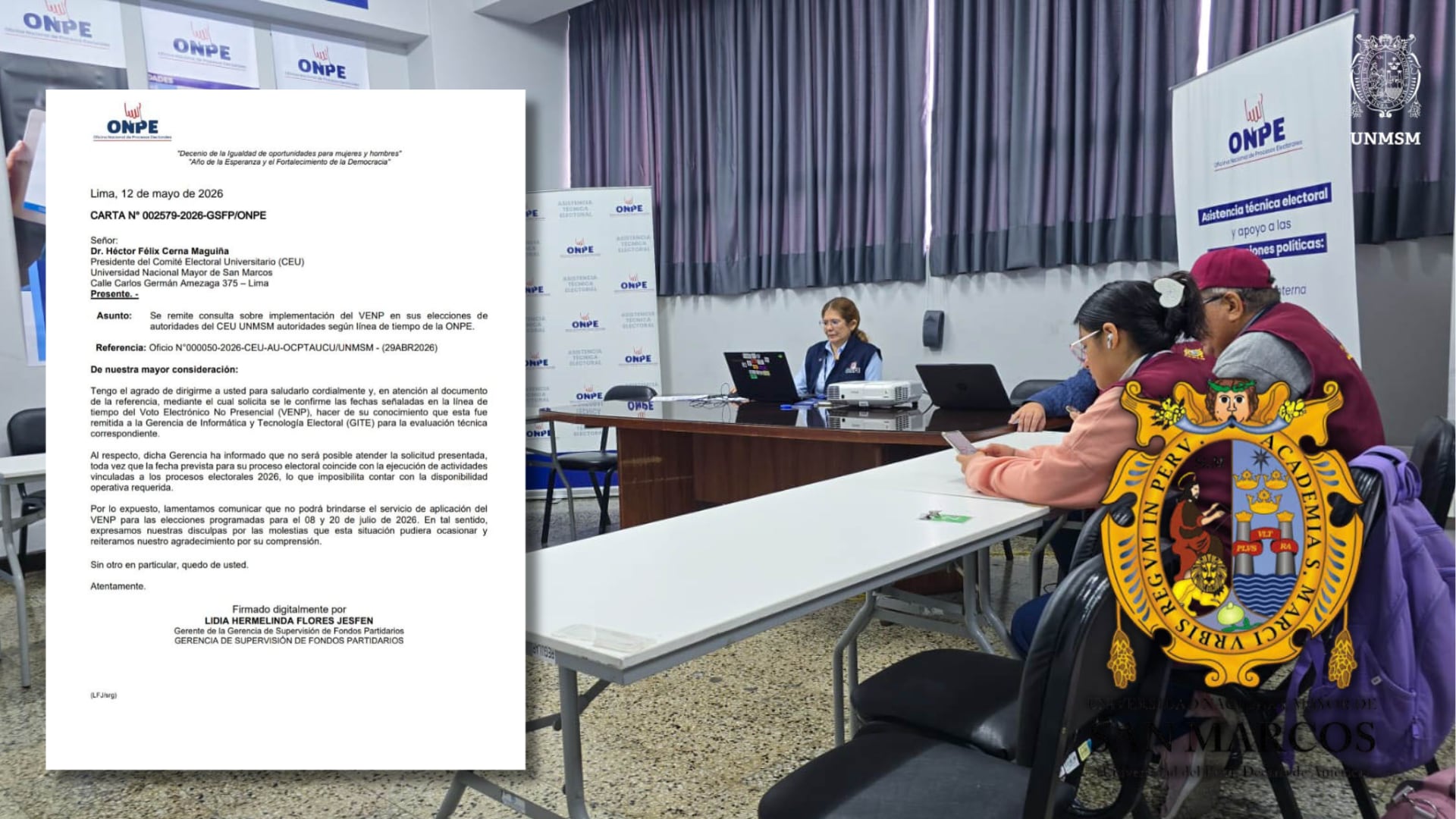 La ONPE confirmó que no podrá brindar el servicio de Voto Electrónico No Presencial (VENP) para las elecciones de la UNMSM programadas para julio de 2026. Composición: Infobae