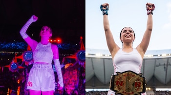 Dos fotos de una mujer levantando los puños. Izquierda: atuendo blanco, luces púrpuras. Derecha: cinturón de campeonato, guantes de lucha en un estadio exterior.