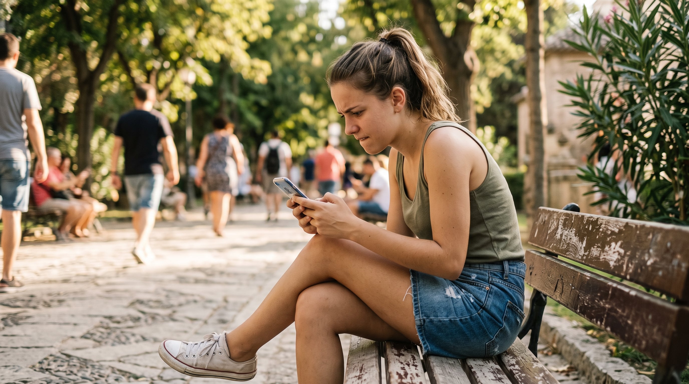Una joven vestida observa fijamente la pantalla de su teléfono móvil mientras espera un mensaje sentada en un parque público. (Imagen Ilustrativa Infobae/IA)