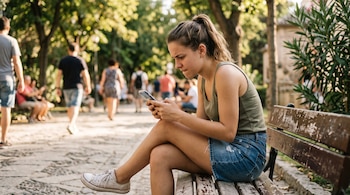 Una mujer con camiseta sin mangas y falda de mezclilla mira su teléfono móvil sentada en un banco de madera en un parque arbolado.