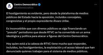 Pronunciamiento del Centro Democrático por la denuncia de Hollman Morris por supuesto hostigamiento - crédito @CeDemocratico/X