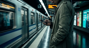 Hombre con gabardina usa un teléfono móvil en el andén de una estación de metro. Un tren pasa a su lado, en movimiento. Hay carteles publicitarios.