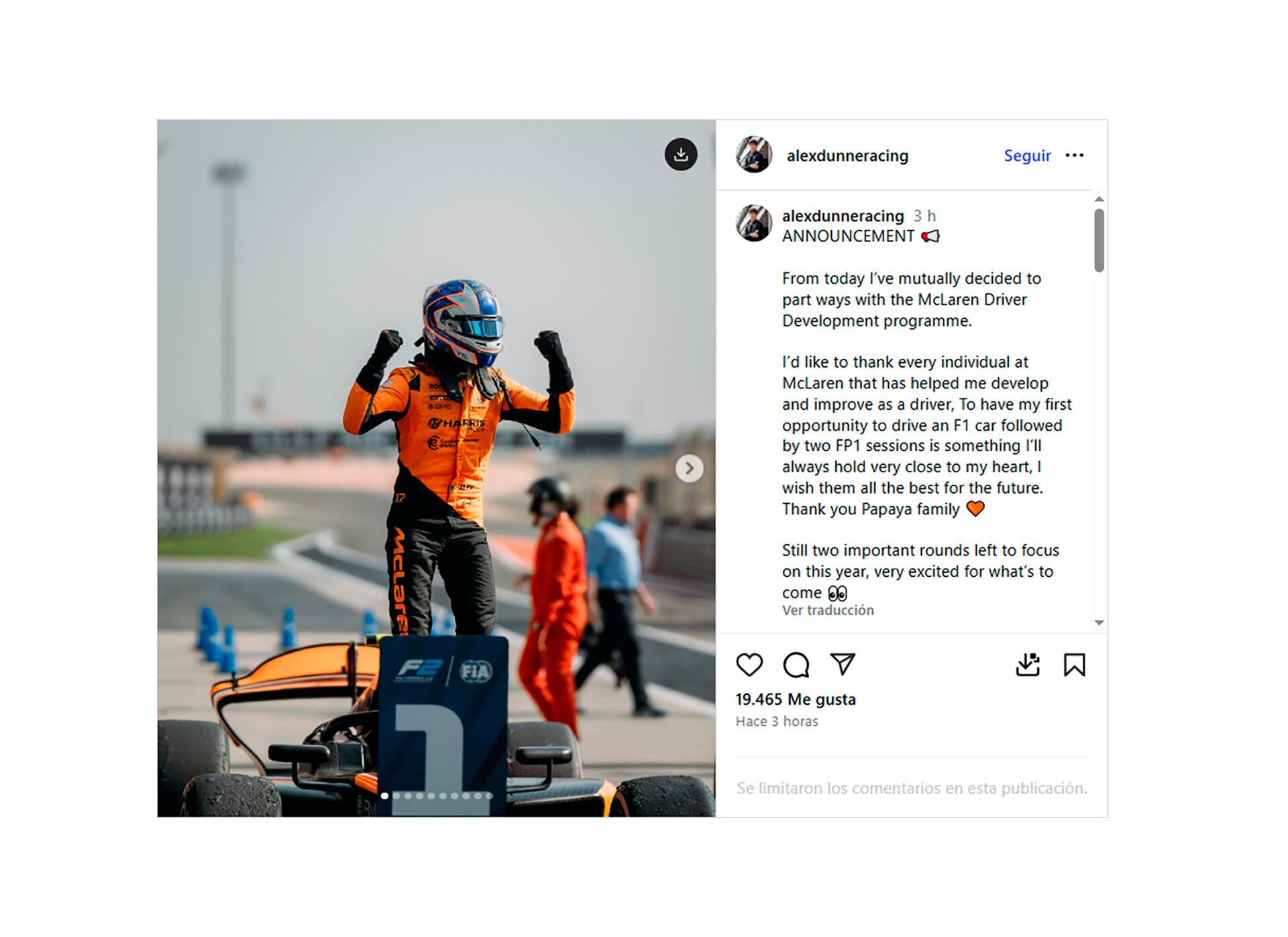 Dunne confirmó su salida de McLaren y abrió las preguntas sobre su futuro en el posteo que realizó (Foto: @alexdunneracing)