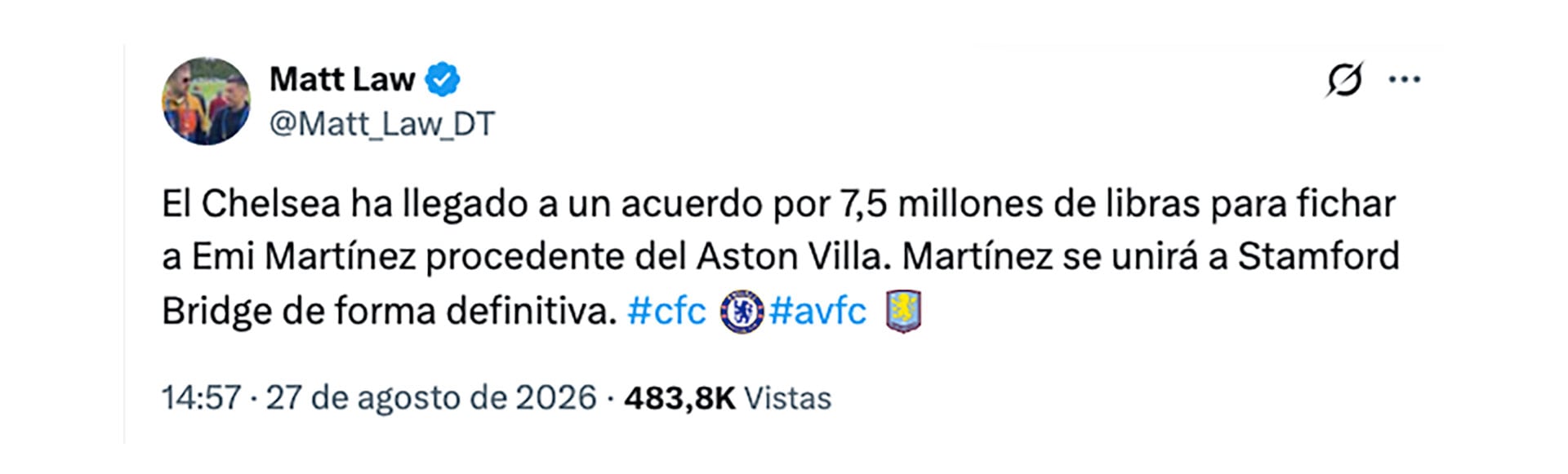 El Chelsea y el arquero argentino acordaron su llegada al club londinense por 10 millones de USD (@Matt_Law_DT)
