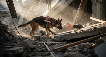 Perro pastor alemán de rescate con arnés olfatea a una persona con brazo extendido bajo escombros. La escena muestra polvo y luz natural entrando entre los restos.