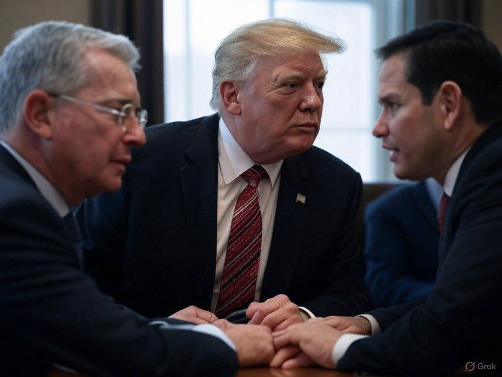 Imagen creada con IA de Álvaro Uribe, con el presidente de Estados Unidos, Donald Trump, y el secretario de Estado del país norteamericano Marco Rubio - crédito @ABDELAESPRIELLA/X