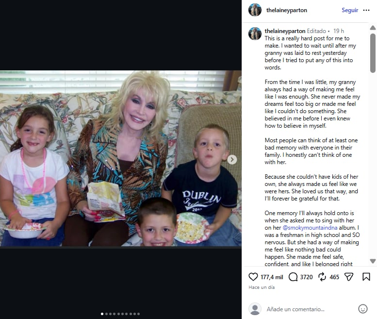 Lainey Parton, sobrina de Dolly, comunicó el entierro en redes sociales y publicó un mensaje de despedida a su tía abuela (Instagram/@thelaineyparton)