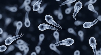 Decenas de organismos Cyclospora cayetanensis, translúcidos y con forma de pera, flotan sobre un fondo oscuro y borroso.