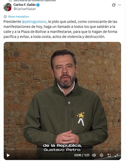 Carlos Galán le pidió a Petro que haga un llamado a la movilización pacífica - crédito Alcaldía de Bogotá