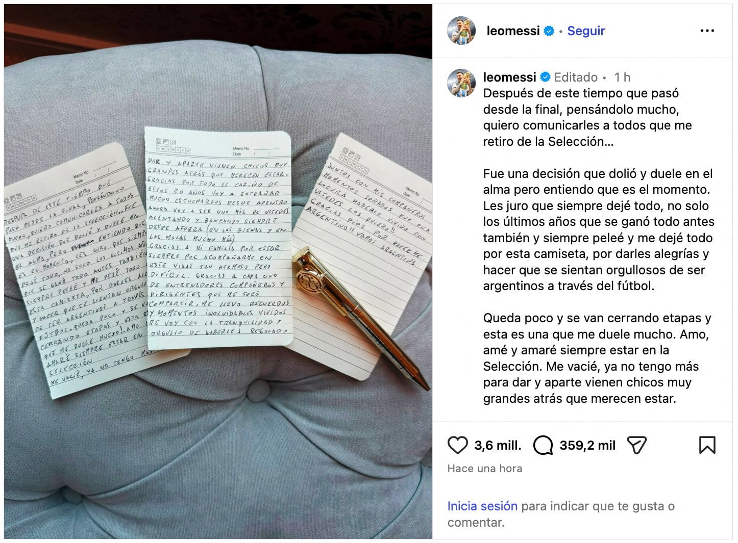 El mensaje de Lionel Messi que anunció su retiro