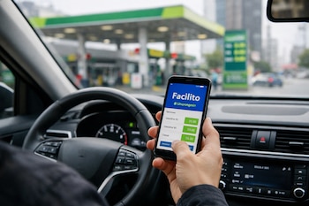 Mano de persona dentro de un auto sujetando un teléfono inteligente con la aplicación Facilito de Osinergmin, con una estación de servicio al fondo.