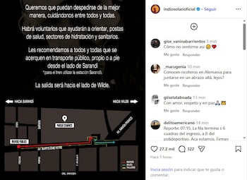 Póster digital en español con instrucciones de acceso, seguridad, transporte público y un mapa detallado para un evento en Polideportivo José María Gatica