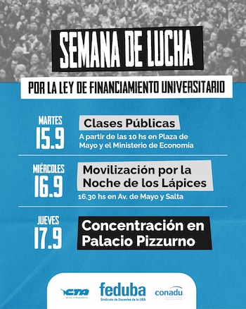 Afiche con el cronograma del 15 al 17 de septiembre para protestas universitarias organizado por los sindicatos FEDUBA, CONADU y CTA