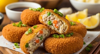 Croquetas fritas doradas sobre papel blanco, algunas cortadas mostrando puré, carne, guisantes y zanahorias. Decoradas con cebollín. Rodajas de limón al fondo.