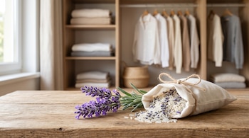 Saquito de tela abierto con granos de arroz y flores de lavanda sobre una mesa de madera frente a un armario.