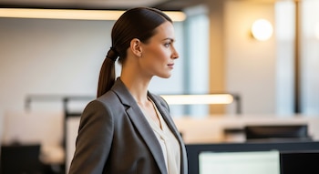 Mujer de perfil con cabello recogido en cola de caballo, vestida con un blazer gris y blusa clara, en un interior de oficina.