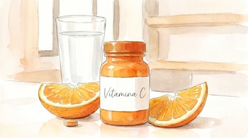 Ilustración estilo acuarela de un frasco de "Vitamina C", dos rodajas de naranja, un comprimido naranja y un vaso de agua.