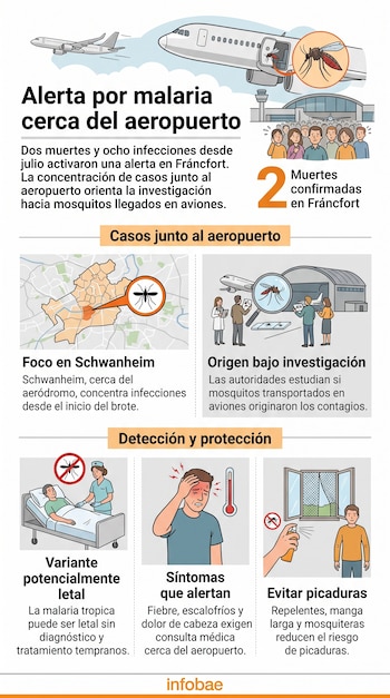 Infografía con ilustraciones de un avión, mosquitos, un mapa del barrio Schwanheim, personal médico y medidas de prevención.