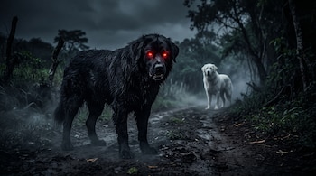 Un perro negro con ojos rojos en un sendero nocturno con niebla y un perro blanco de pie al fondo rodeado de vegetación.