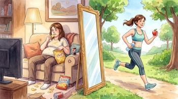 A la izquierda, una mujer come frituras frente al televisor; a la derecha, una mujer corre por un parque sosteniendo una manzana y una botella.
