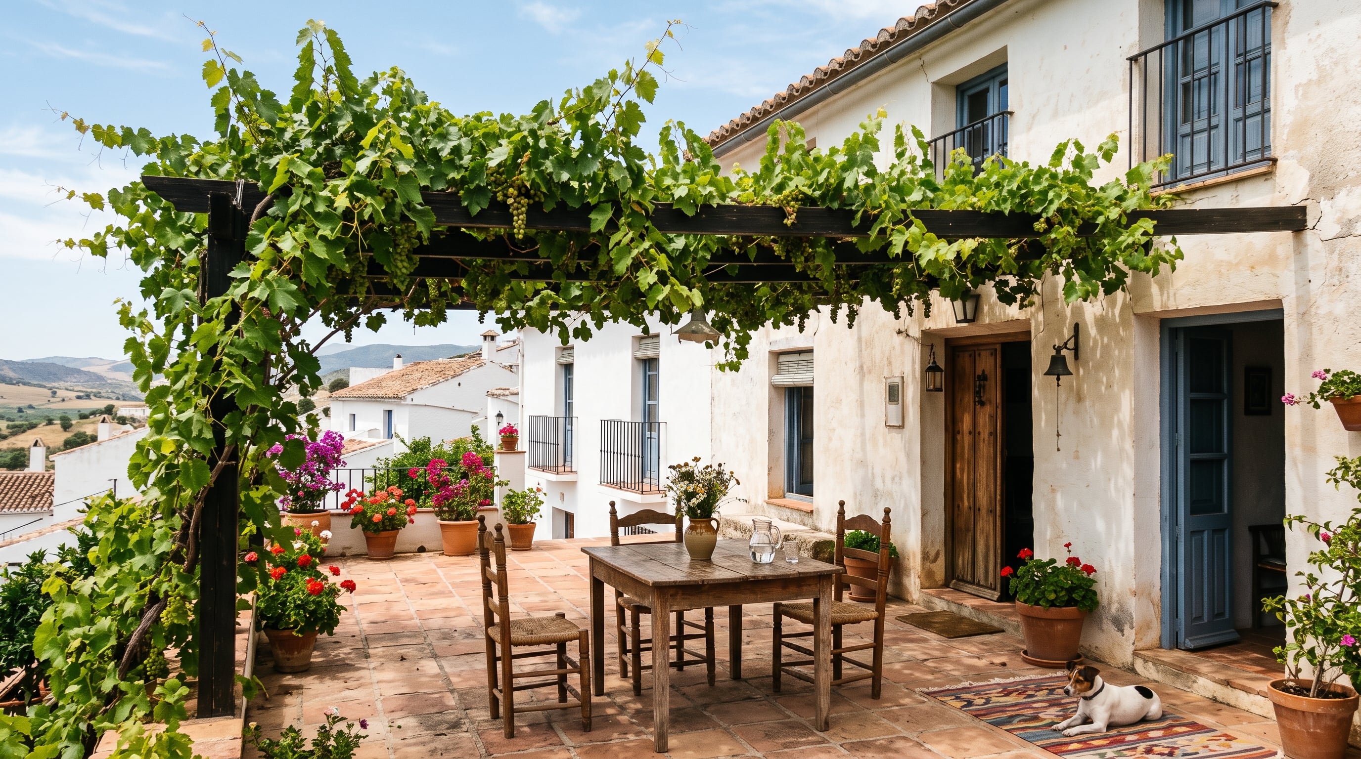 Una parra sobre una pérgola de madera ofrece sombra a la terraza de una vivienda de arquitectura tradicional en España. (Imagen Ilustrativa Infobae)