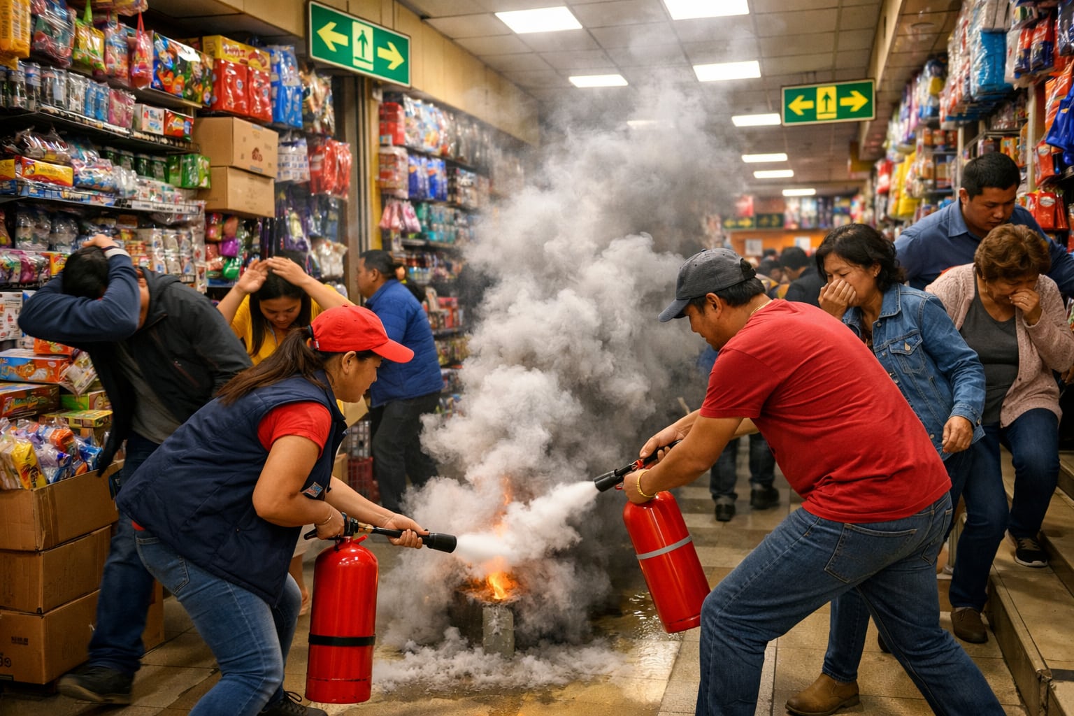 Un simulacro de emergencia en Lima muestra a personas evacuando y utilizando extintores para controlar un incendio simulado dentro de una galería comercial. (Imagen Ilustrativa Infobae)