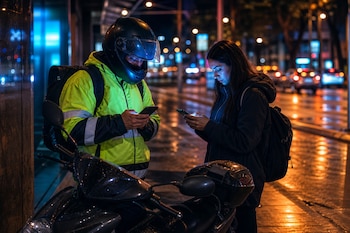 Un hombre con casco protector y chaqueta reflectante junto a una mujer, ambos mirando sus teléfonos móviles al lado de una motocicleta.