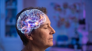 Perfil de una persona con los ojos cerrados y un modelo transparente del cerebro con destellos de luz superpuesto en su cabeza.
