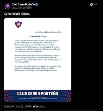 Captura de pantalla de una publicación en redes sociales con un documento membretado del Club Cerro Porteño con texto en español
