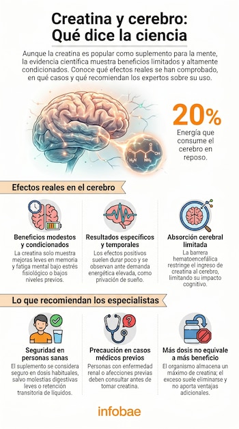 Infografía sobre creatina y cerebro. Muestra una ilustración de un cerebro, la fórmula química de la creatina e iconos que explican beneficios, absorción y recomendaciones.